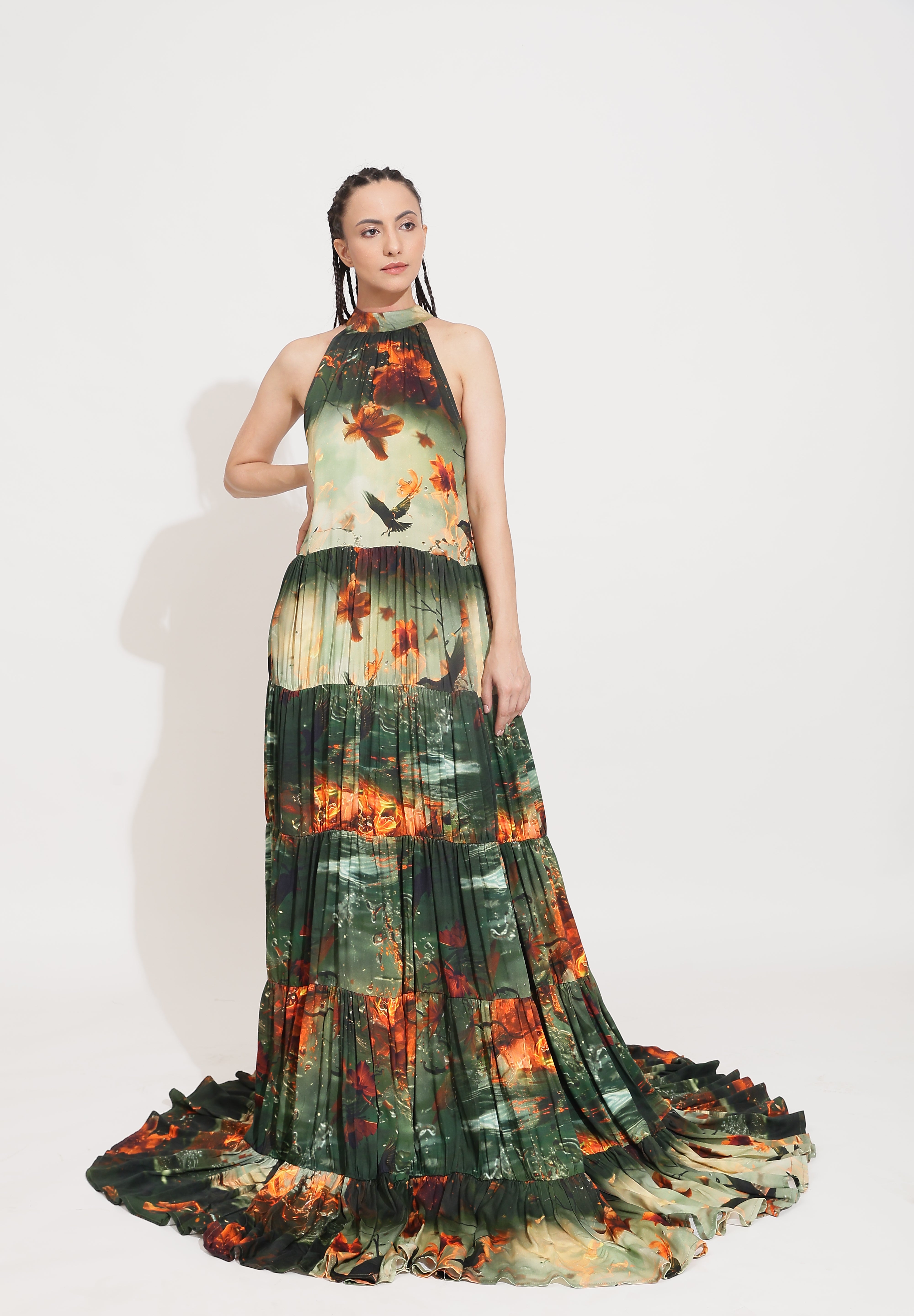 Fire Against Bird Long Dress