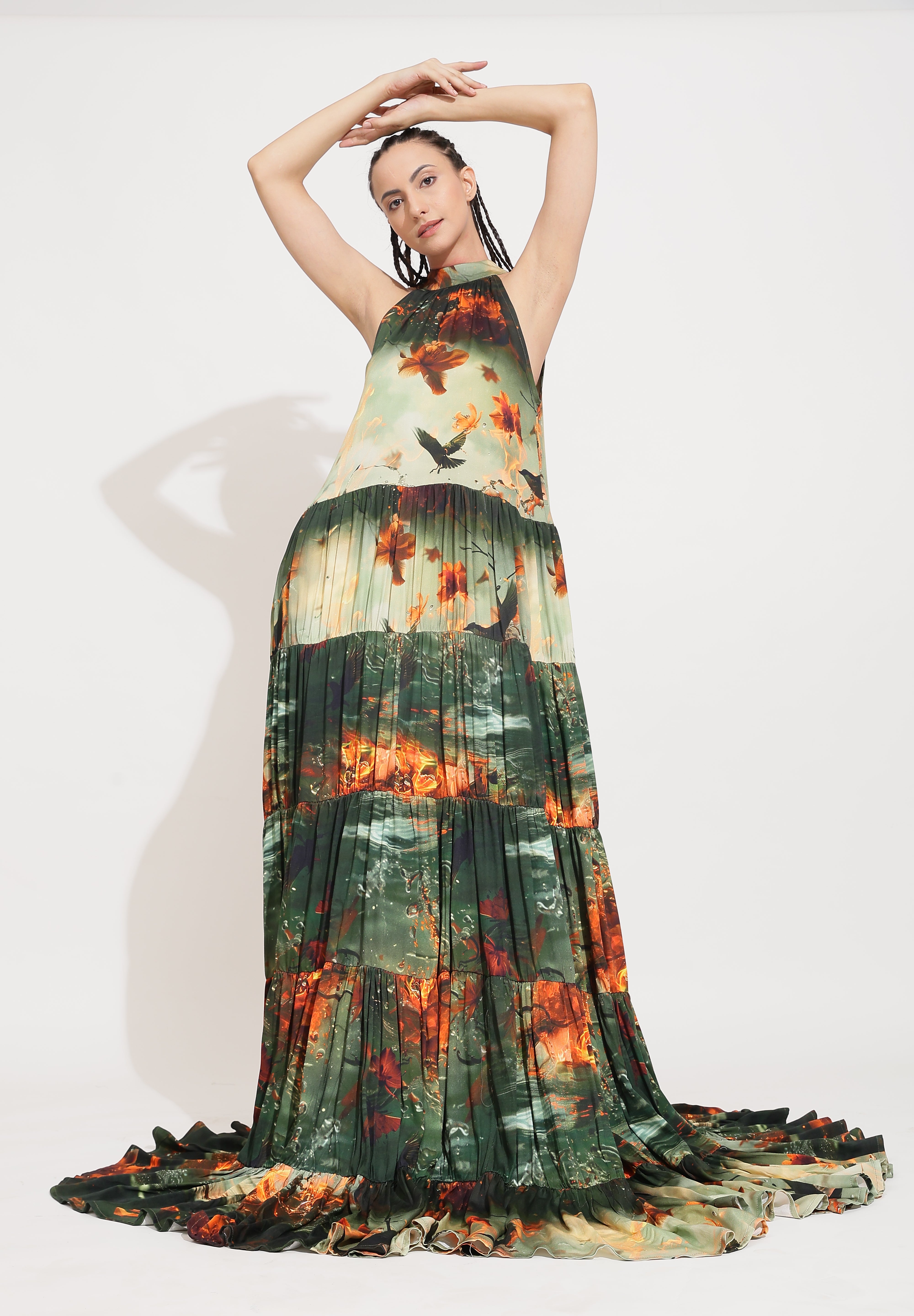 Fire Against Bird Long Dress